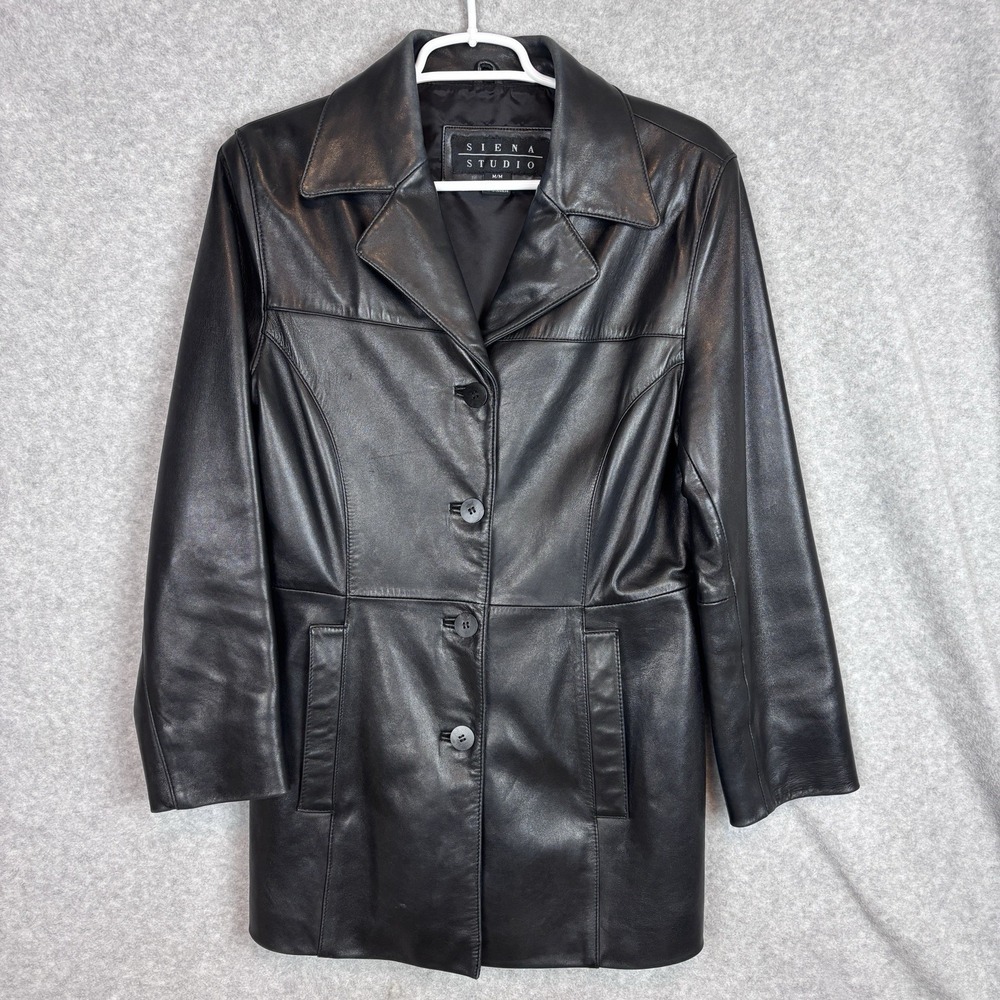 SIENA STUDIO 100% LEATHER JACKET WOMEN'S SIZE M BLACK BUTTON UP POCKETS LINED